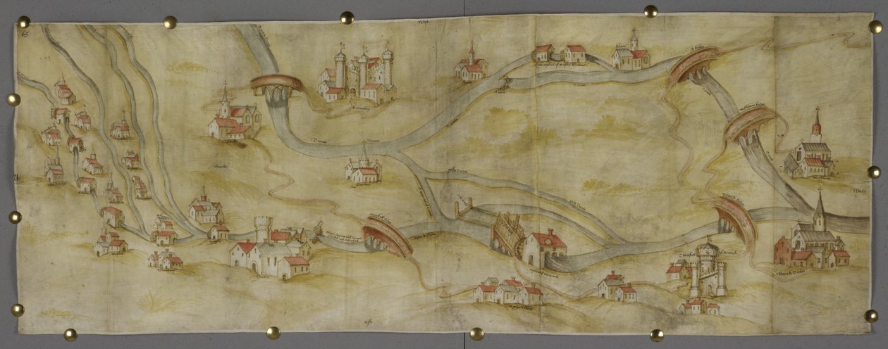 Cotton MS Augustus I i 65 Kart over elven Trent og dens sideelver mellom Nottingham og Newark, ca. 1540 (penn og blekk med akvarell på papir) av English School