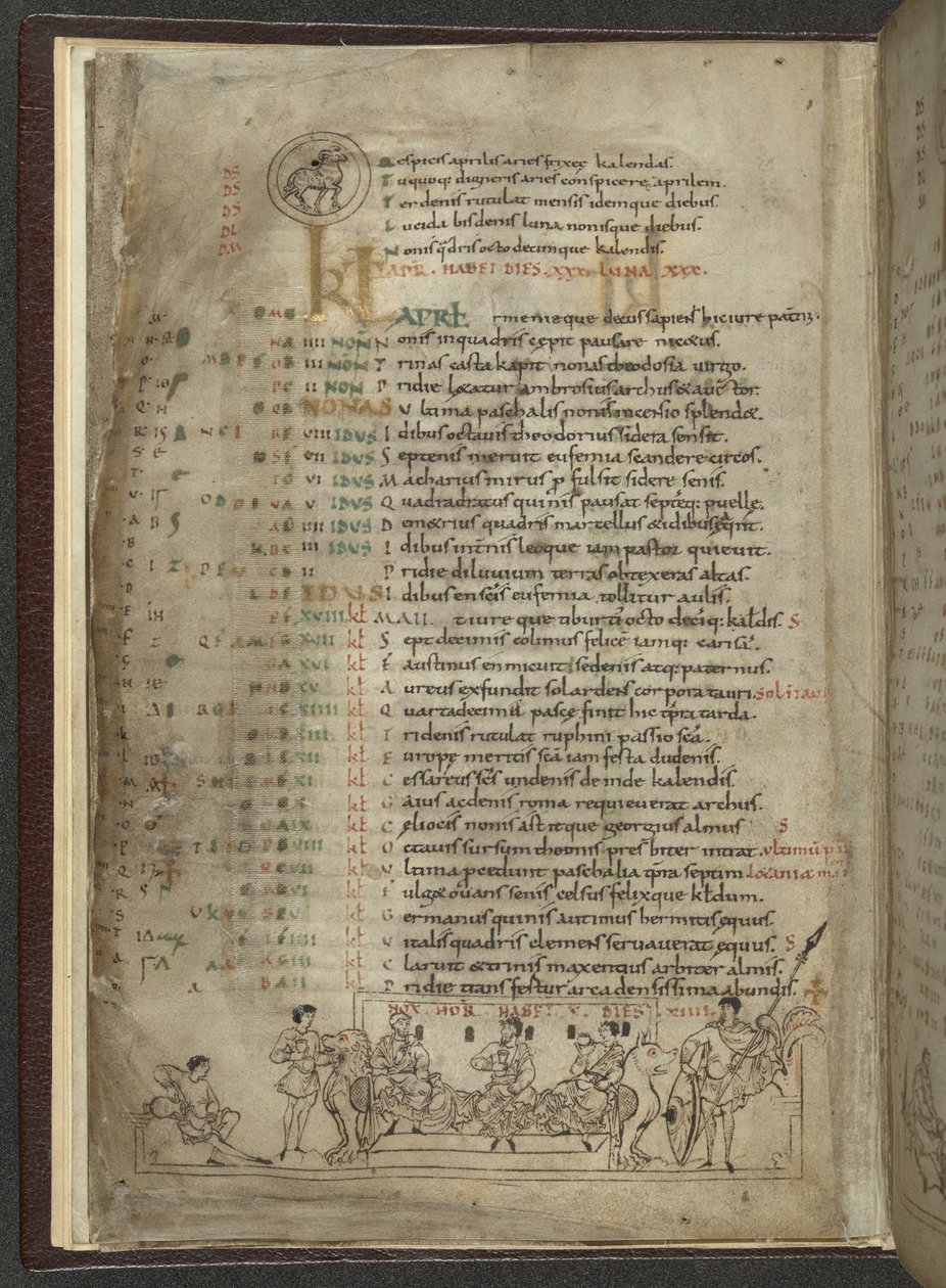 Cotton MS Julius A. VI, f.4v, kalenderside for april: Festscene med tre adelsmenn (vellum) av English School
