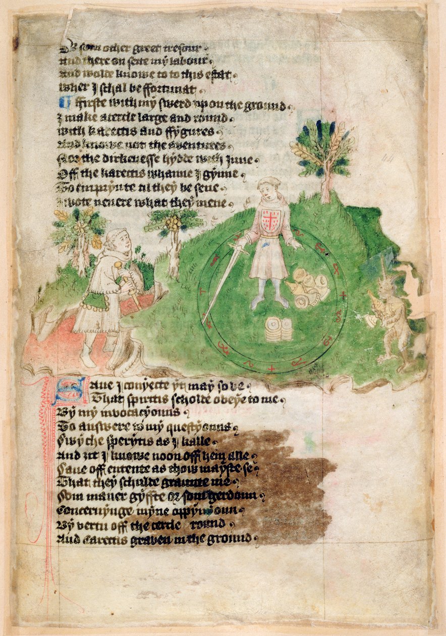 Cotton Ms Tiberius A vii fol.44 Demoner som bringer skatter til en magiker (vellum) av English School