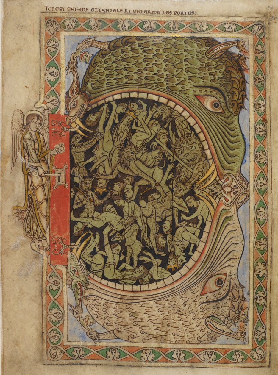Bomull Nero C IV f.39 Helvetes kjever festet av en engel, fra Psalter of Henry of Blois, c.1121-61 (vellum) av English School