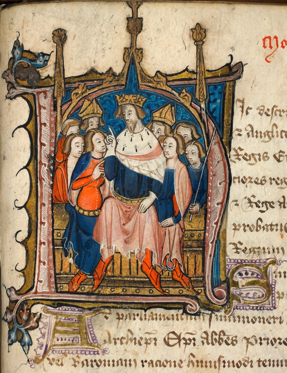 Cotton Nero D. VI, f.72 Historikert initial 'N', begynner et avsnitt om måten å holde parlamentet på, illustrasjon fra 'Modus Tenendi Parliamentum' (vellum) av English School