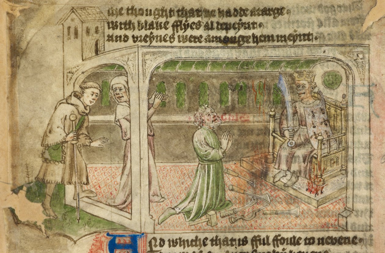 Cotton Tiberius A. VII, f.65v, The House of Idolatry, med pilegrimen som kommer inn og en mann som tilber et kronet idol (vellum) av English School