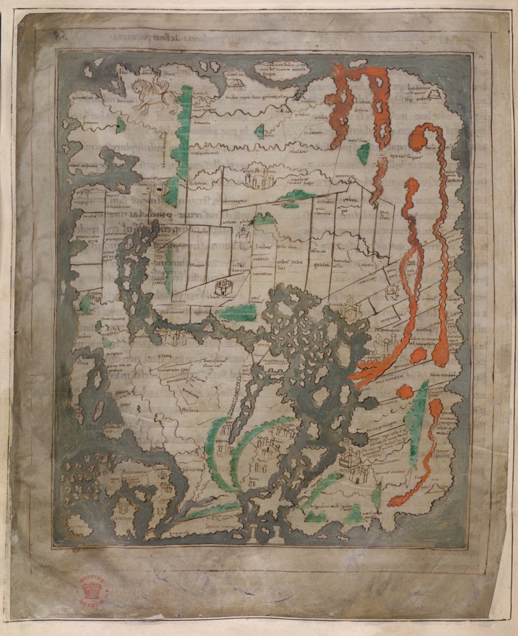 Cotton Tiberius B.V, del 1, f.56v The Tiberius Map, Mappa Mundi (vellum) av English School