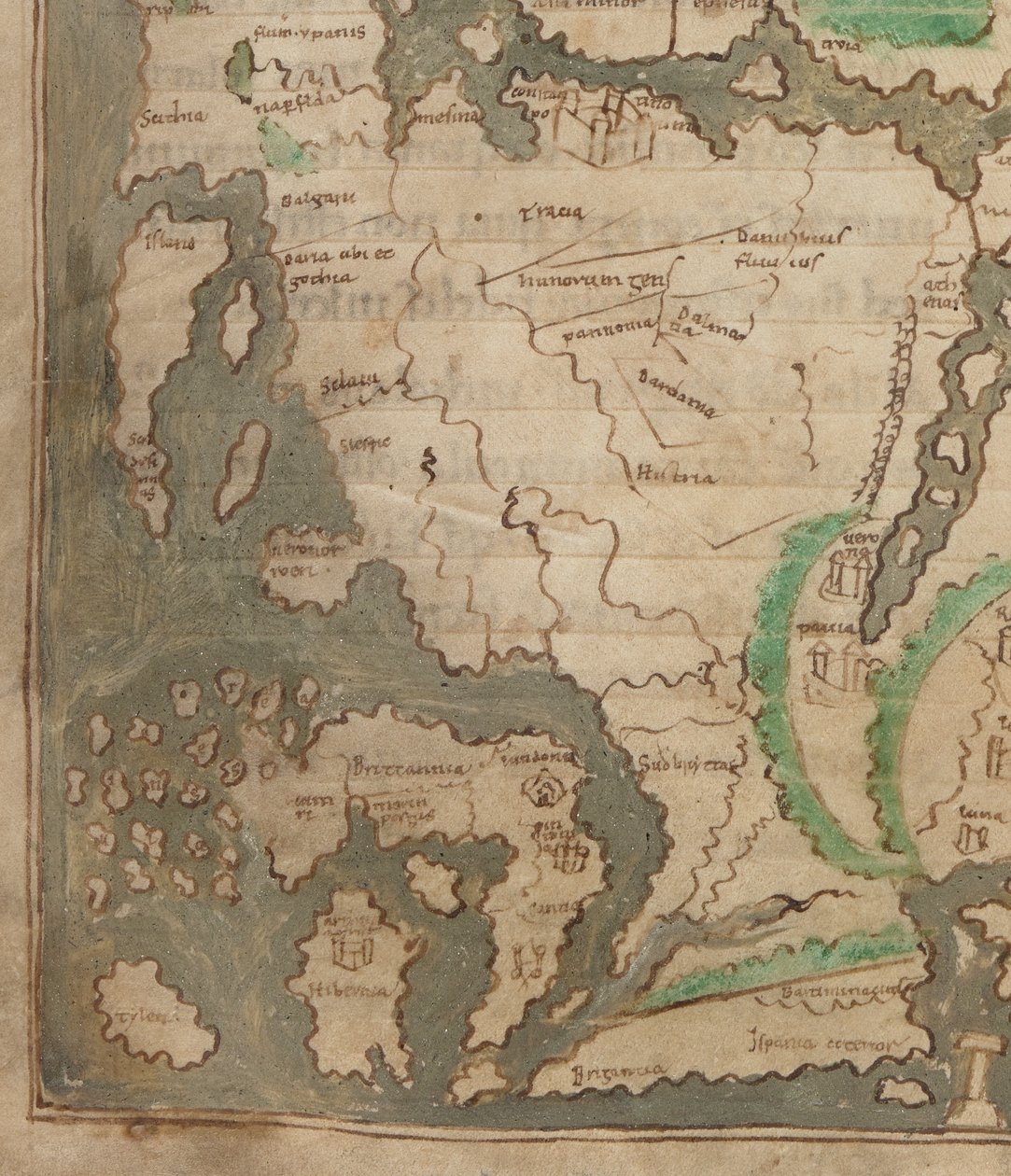 Cotton Tiberius BV, del 1, f.56v The Tiberius Map, Mappa Mundi, detalj av Vest-Europa og de britiske øyer (vellum) av English School