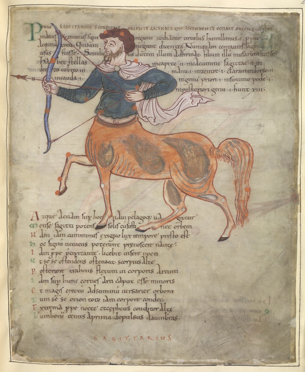 Cotton Tiberius B. V, del 1, f.37 'Skytten', illustrasjon fra 'Ciceros Aratus' (vellum) av English School
