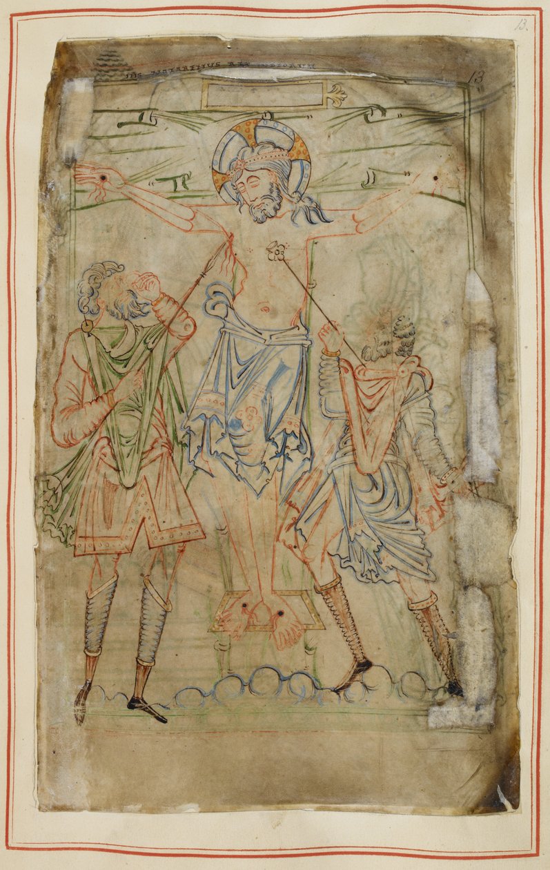 Bomull Tiberius C. VI, f.13 Korsfestelsen, fra Tiberius-psalteren, ca. 1050 (vellum) av English School