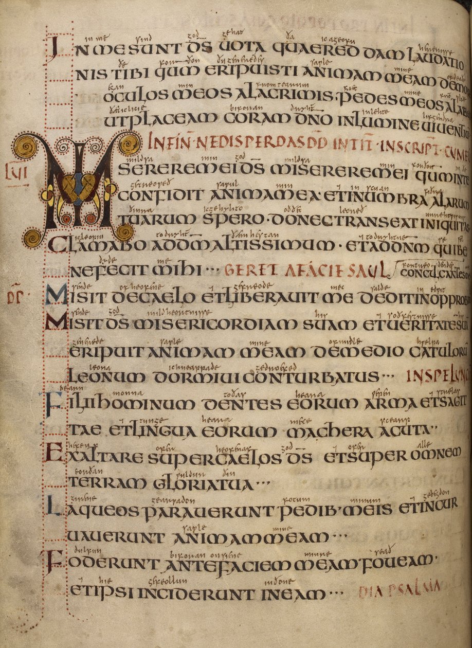 Cotton Vespasian A. I, f.55v Salme 56 med gammelengelsk glans og dekorert initial MI av English School
