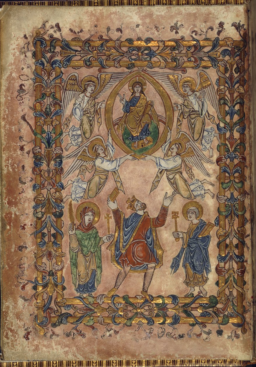 Cotton Vespasian A. VIII, f.2v Edgar tilbyr charter til Kristus, illustrasjon fra 