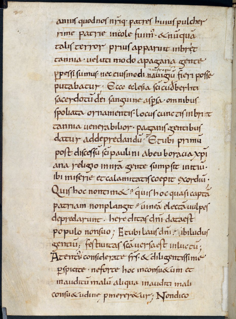 Cotton Vespasian A. XIV, f.126v Letter of Alcuin som tilbyr commiserations på vikingangrepet på Lindisfarne i 793 (blekk på vellum) av English School