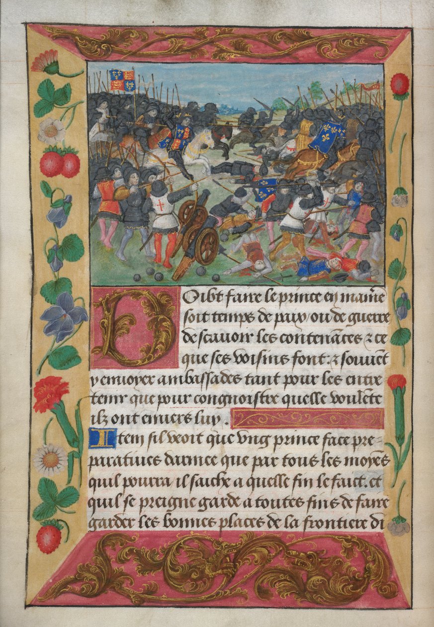 Cotton Vespasian A xvii, f.13v, Kongen av England satt på en hvit hest, jagende den flyktende kongen av Frankrike, fra Robert de Balsacs Manual on Warfare for the Instruction of a Prince, ca. 1490-tallet (vellum) av English School