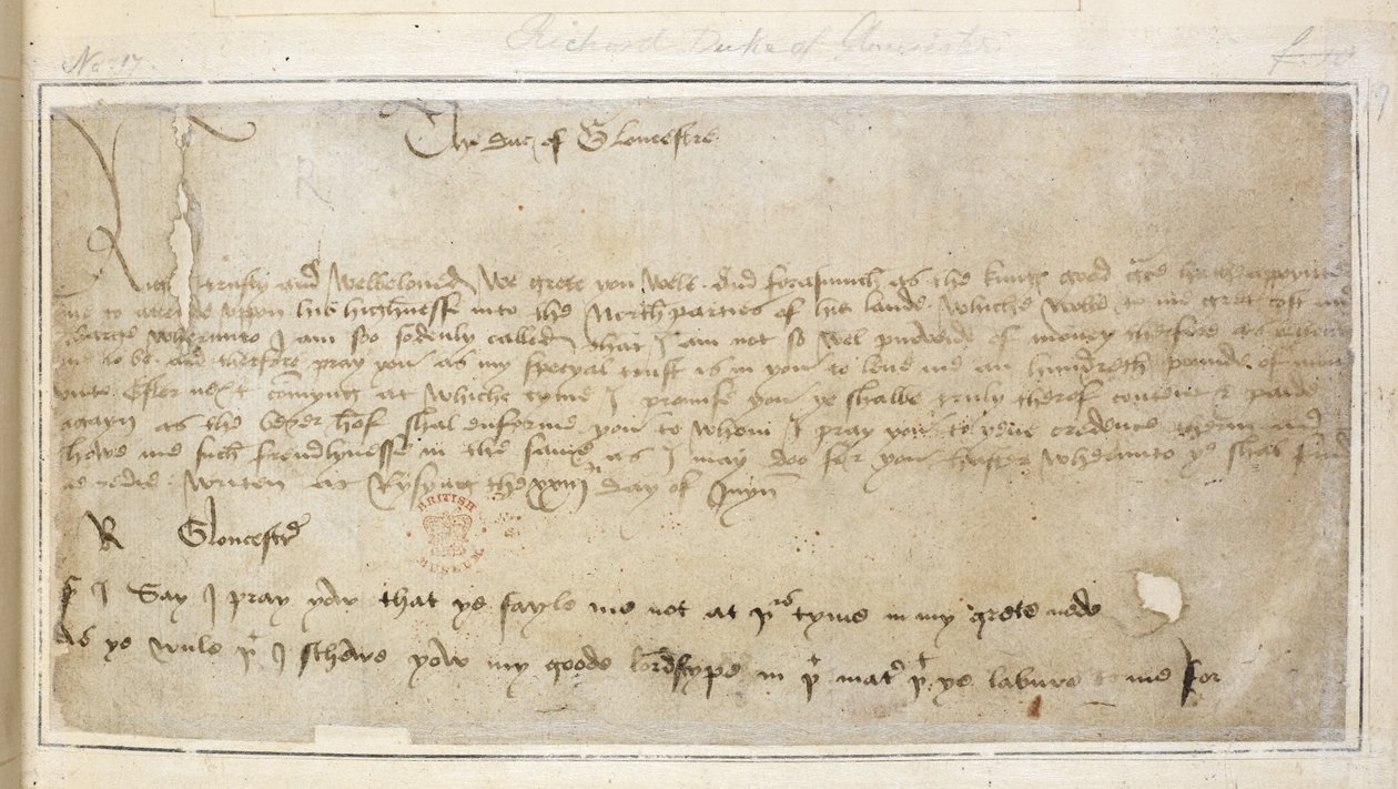 Cotton Vespasian MS F III f.19 Richards første bevarte brev til Sir John Say av English School