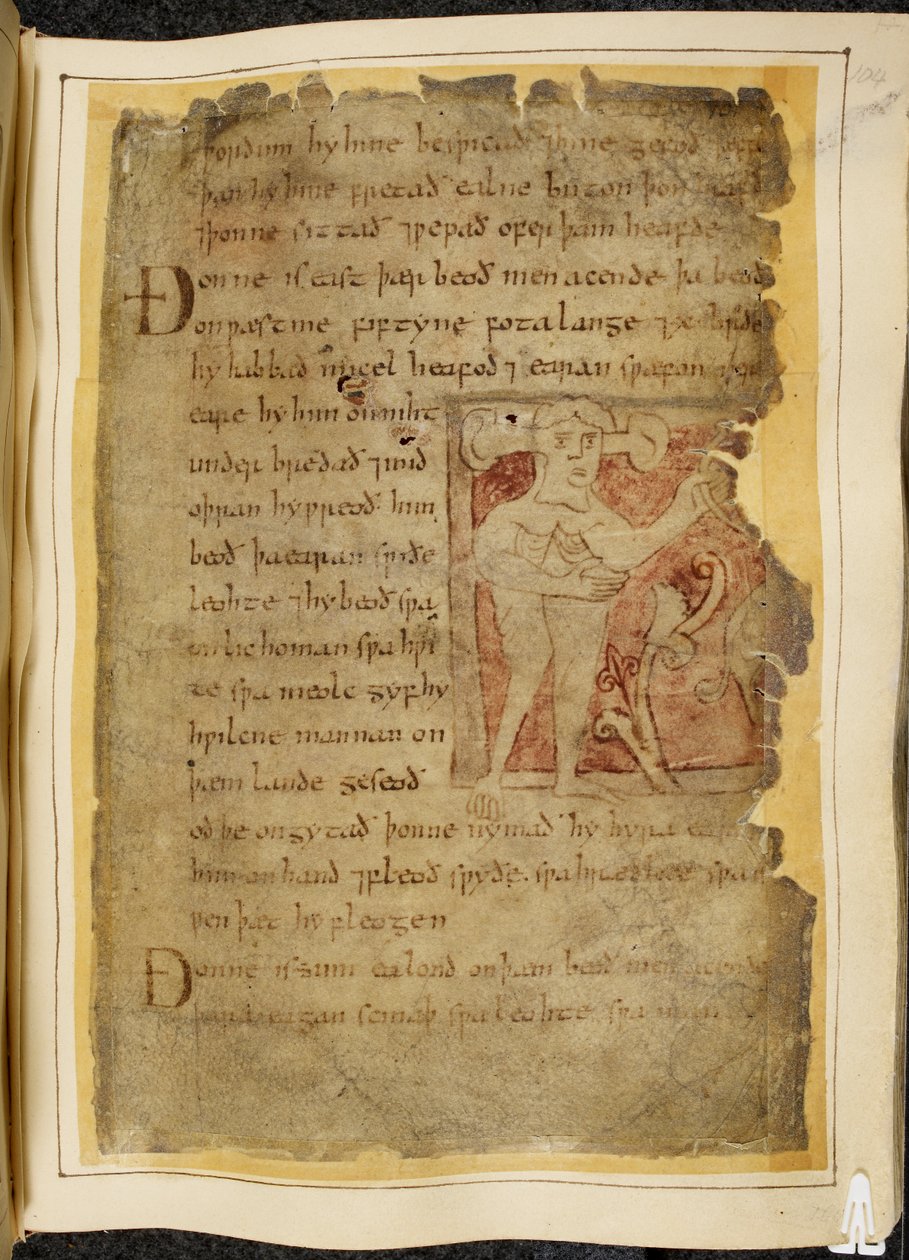 Cotton Vitellius A. XV f.104r, A panotii, dvs. en mann med ører som stikker ut på stilkene, holder en gjenstand som ser ut som en bue, illustrasjon fra Beowulf, fra 