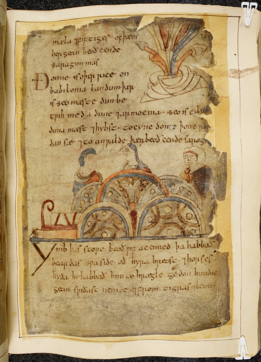 Cotton Vitellius A. XV f.105, et gyllent vintre; tre personer som snakker, som representerer en vennlig nasjon som styrer Rødehavet, hvor de beste perlene finnes, illustrasjon fra Beowulf, fra 