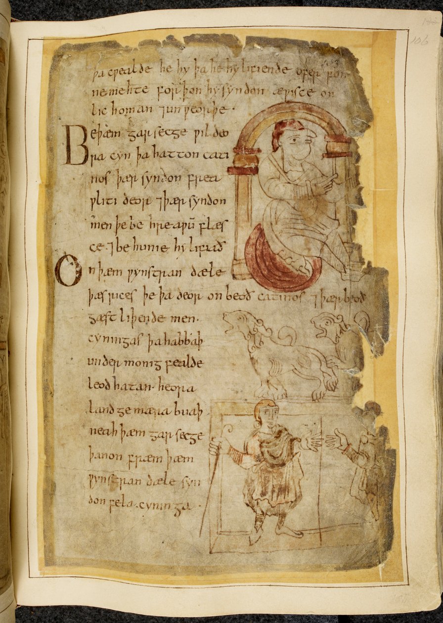 Cotton Vitellius A. XV f.106r, En mann som sitter på en pute under en bue; to catini, åpne munndyr som hunder; en kledd mann med en stav som strekker ut hånden til en annen mann, illustrasjon fra Beowulf, fra 