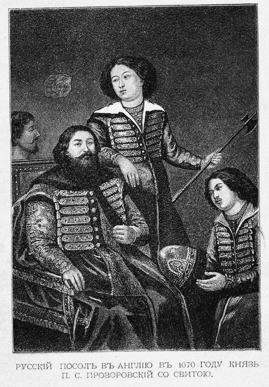 Grev Pyotr Semyonovich Prozorovsky med sin ambassade i England i 1670 av English School
