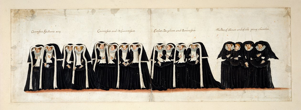 grevinner assistenter; grevinner og visgrevinner; døtrene til jarler og baronesser; Maids of Honor og av Privy Chamber. En del av begravelsesprosesjonen til dronning Elizabeth I til Westminster Abbey, 28. april 1603 av English School