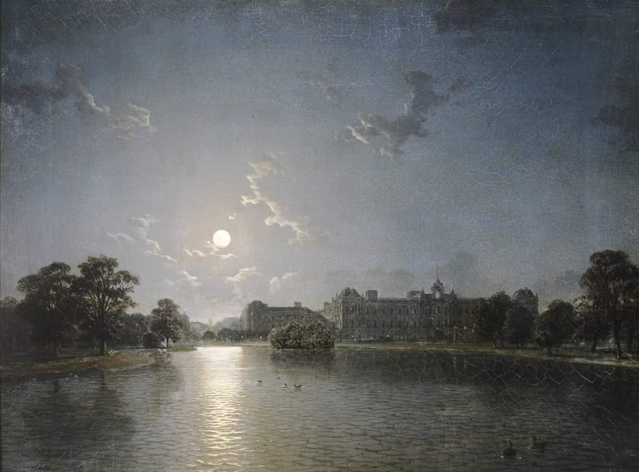 Country House across a Lake by Moonlight, ca. 1850 (olje på lerret) av English School