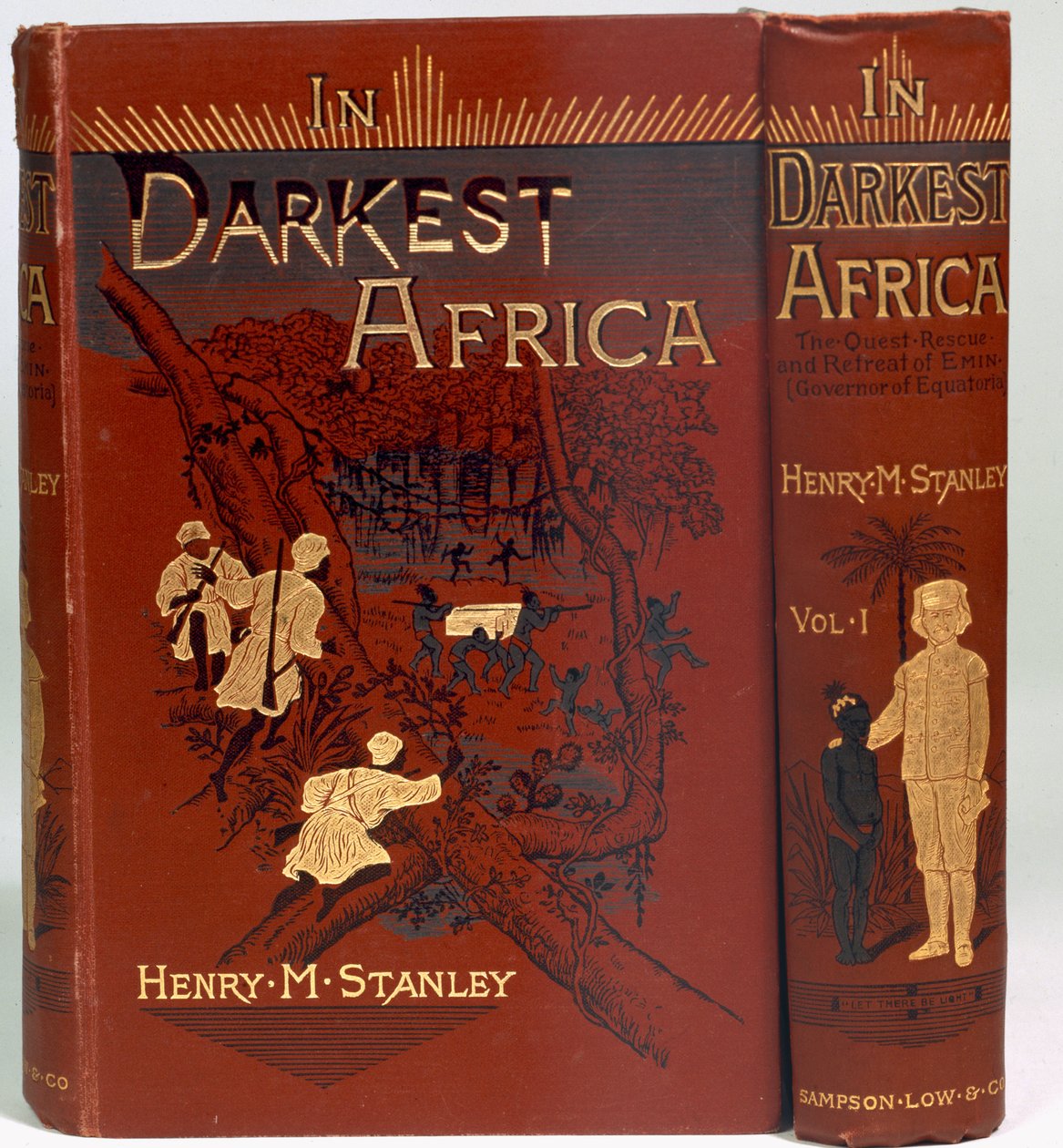 Forside av In Darkest Africa: or The Quest, Rescue, and Retreat of Emin (guvernør i Equatoria), bind I, utgitt 1890 av English School