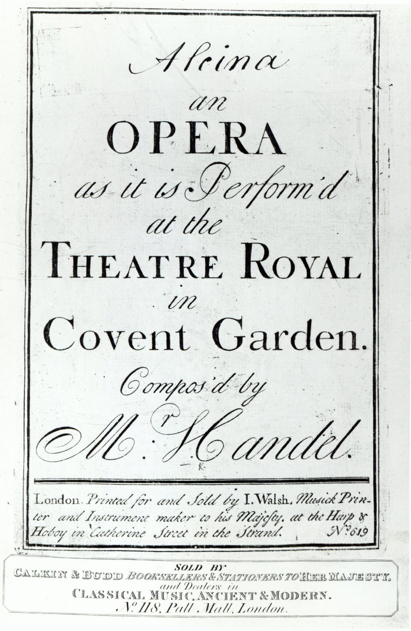 Omslag til Noter for Alcina, en opera av Handel, utgitt i 1735 av English School