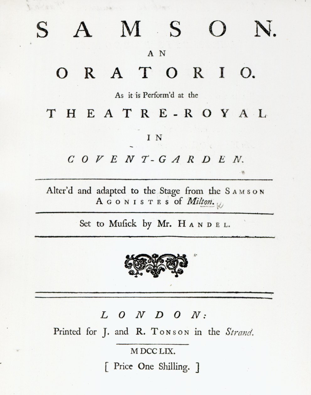 Omslag til Sheet Music for Samson, et oratorium av Handel, utgitt i 1759 av English School