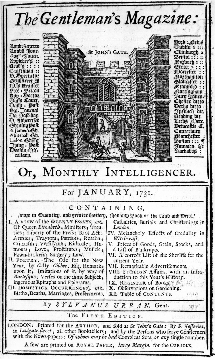 Forside av den første utgaven av The Gentlemans Magazine, utgitt januar 1731 av English School