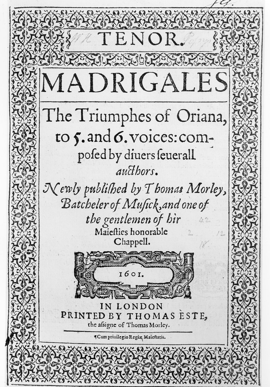 Omslag til tenordelen av The Triumphes of Oriana, utgitt av Thomas Este, 1601 av English School