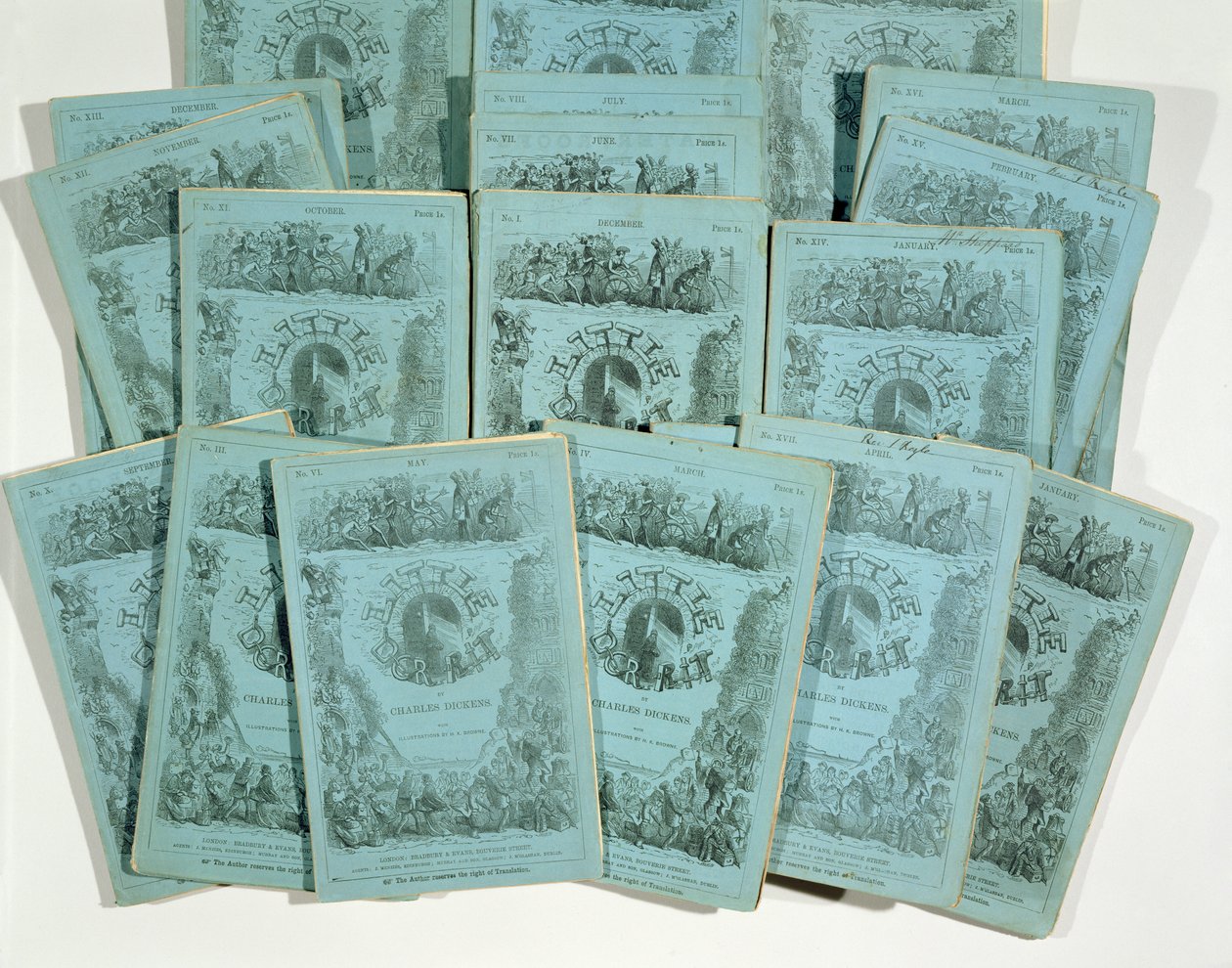 Omslag fra Monthly Issues of Little Dorrit av Charles Dickens (1812-70), utgitt ca. 1856 av English School