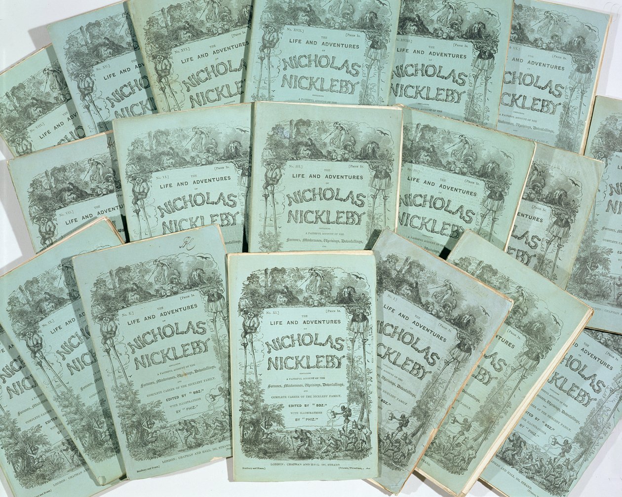 Omslag fra Monthly Issues of The Life and Adventures of Nicholas Nickleby av Charles Dickens (1812-70), utgitt i 1839 (se 136075) av English School