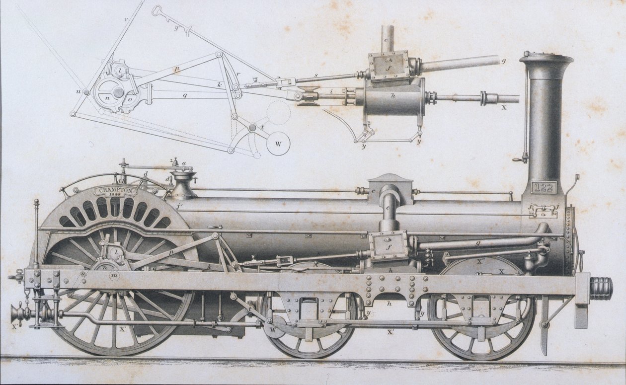 Cramptons Railway Locomotive Steam Engine fra Cyclopaedia of Useful Arts & Manufactures, redigert av Charles Tomlinson, ca. 1880-tallet av English School