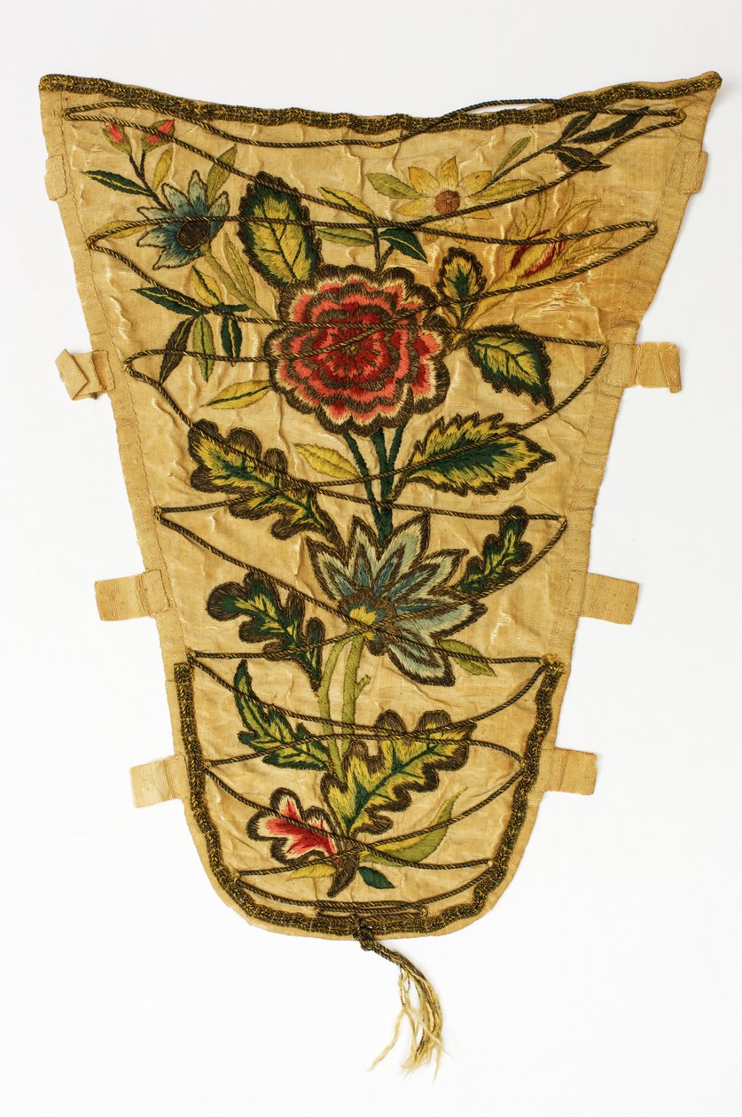Creme stomacher brodert med en posy av blomster i farget og sølvforgylt tråd, ca.1700-50 (silke) av English School
