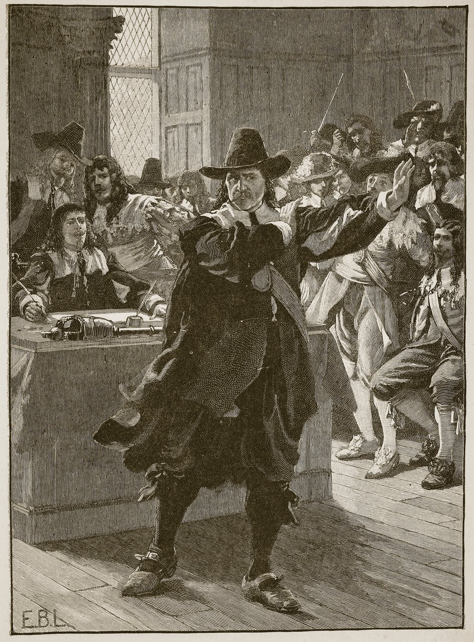 Cromwell taler for det lange parlamentet for siste gang, illustrasjon fra Cassells Illustrated History of England (sepiafoto) av English School