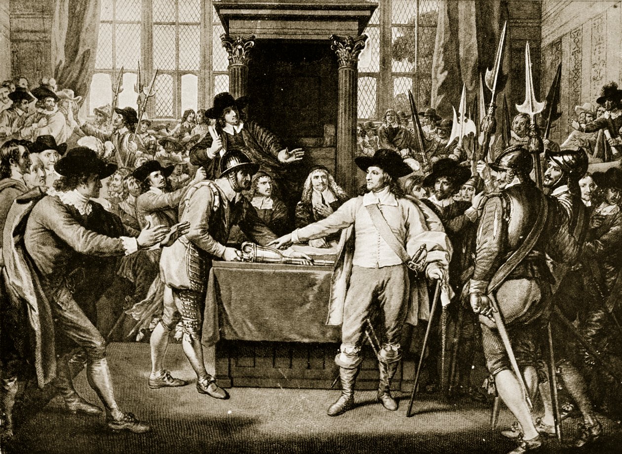 Cromwell oppløser det lange parlamentet, 1653, illustrasjon fra Hutchinsons Story of the British Nation, ca. 1923 av English School