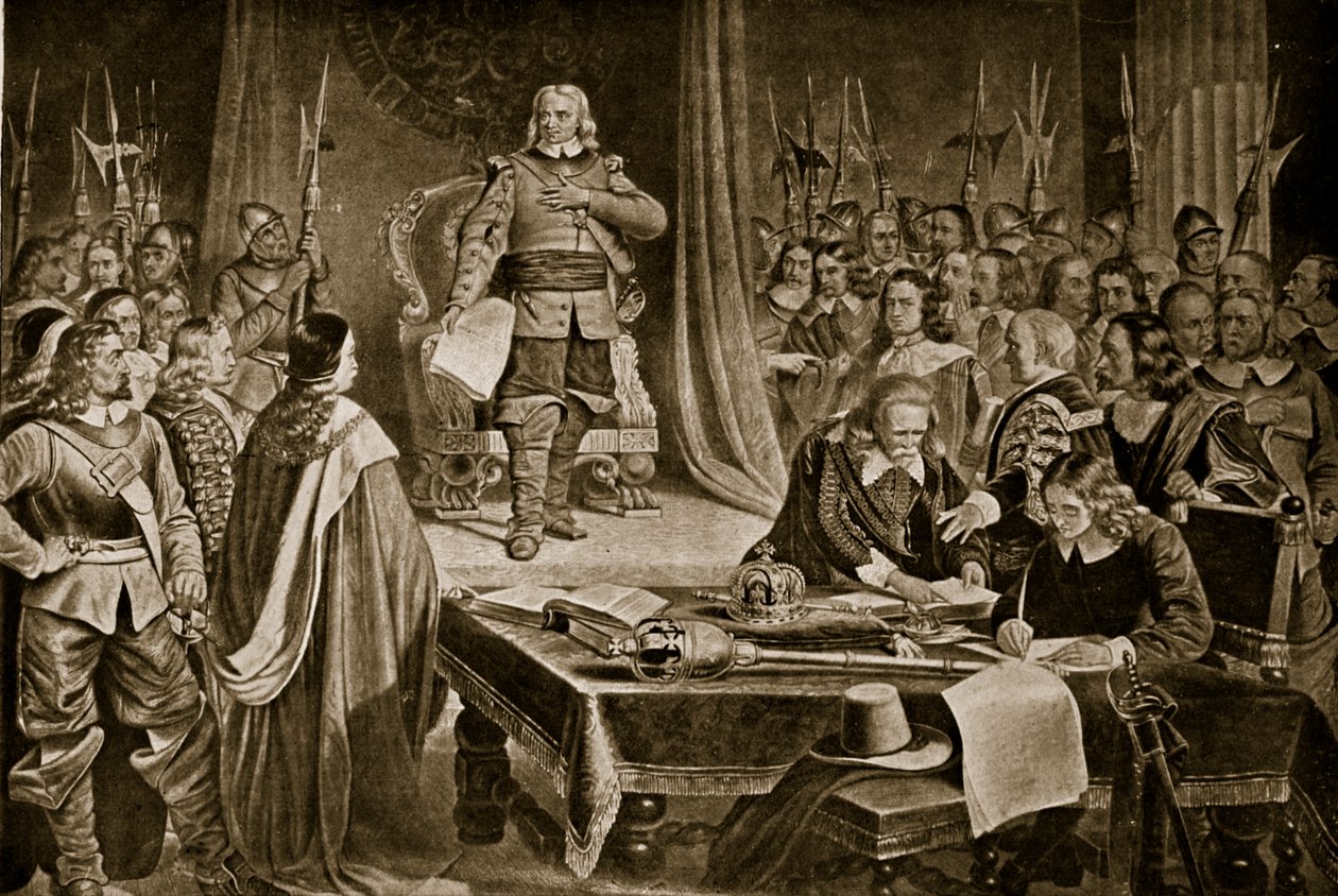 Cromwell nekter kronen, illustrasjon fra Hutchinsons Story of the British Nation, ca. 1923 av English School