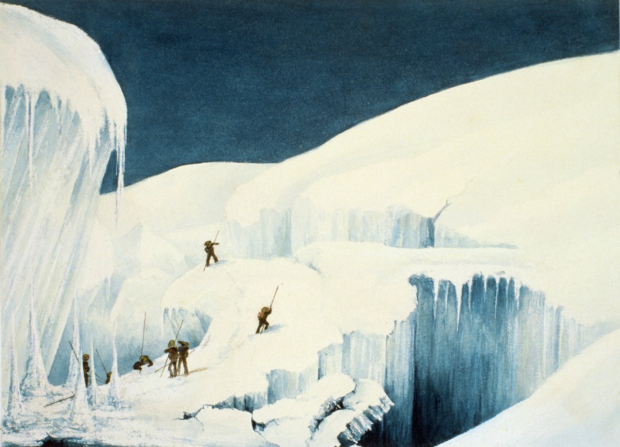 Crossing a Ravine, from A Narrative of an Ascent to the Summit of Mont Blanc av Charles Fellows (1799-1860), utgitt 1827 av English School