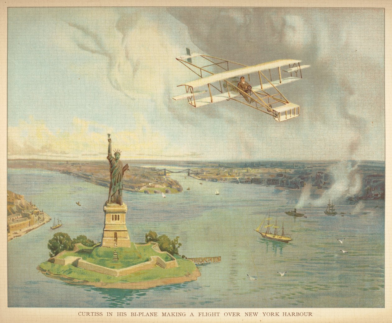 «Curtiss i bi-flyet sitt på vei over havnen i New York.» Litt folks bok over luftskip. London: Ernest Nister, [1912] av English School