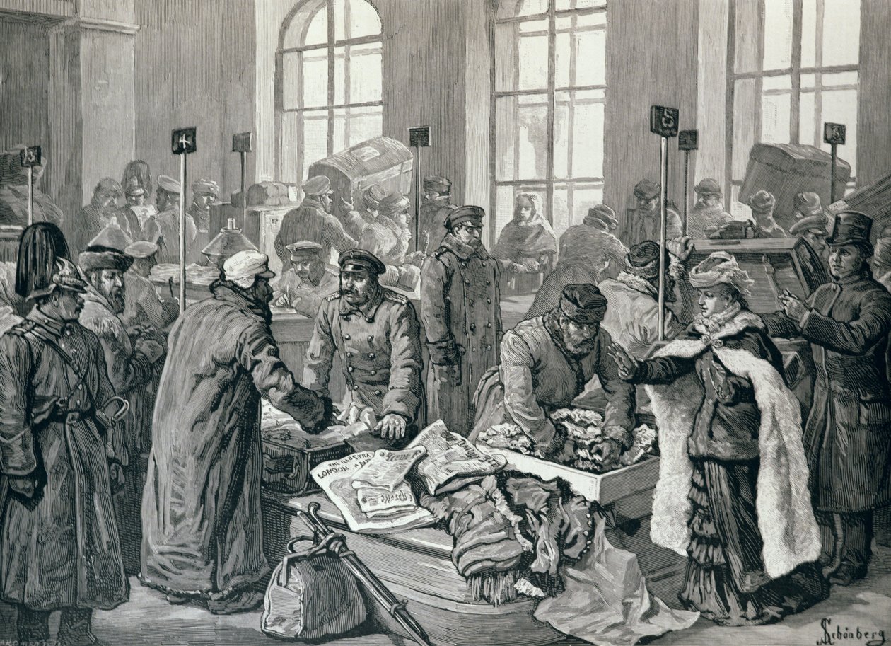 Tollbetjenter som undersøker passasjerers bagasje fra Tyskland, ved Wirballen, på den russiske grensen, fra 'The Illustrated London News', 29. januar 1887 av English School