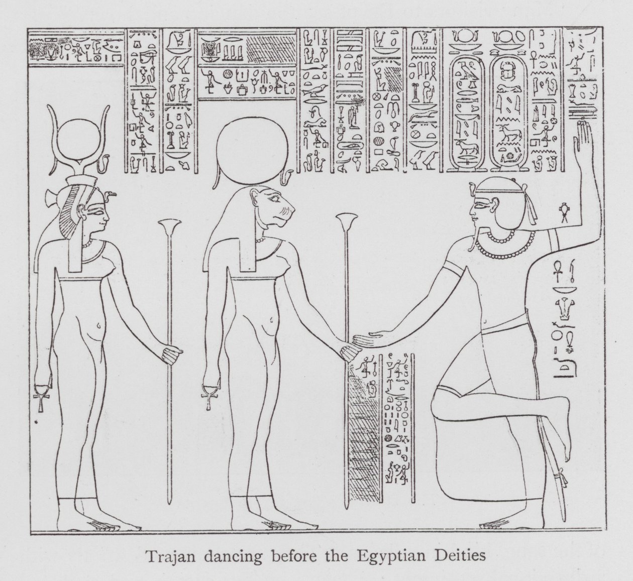 Dans: Trajan danser foran de egyptiske gudene (litho) av English School