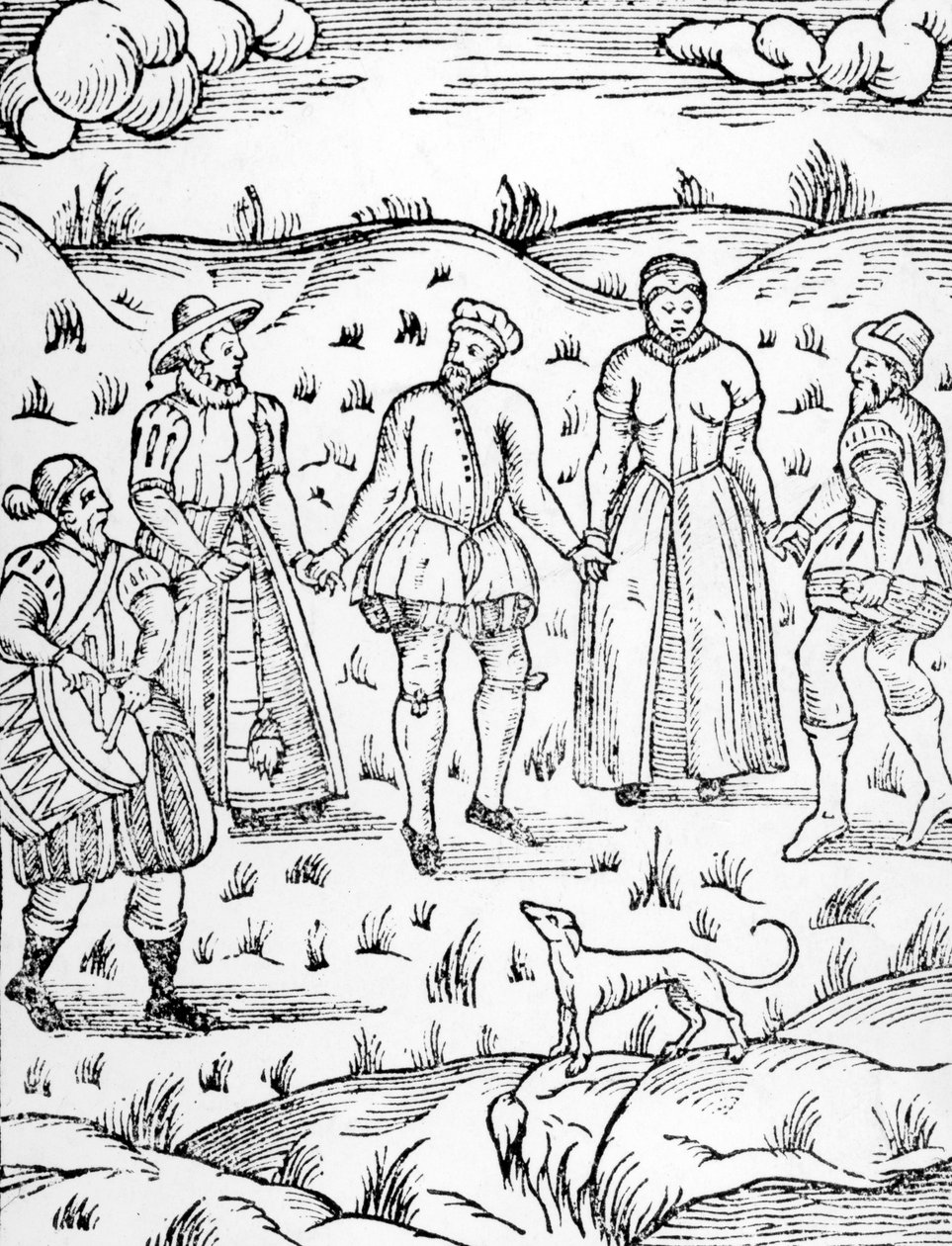 Dans med en trommeslager, fra The Doome advarer alle menn til dommen av Stephen Bateman, 1581 av English School