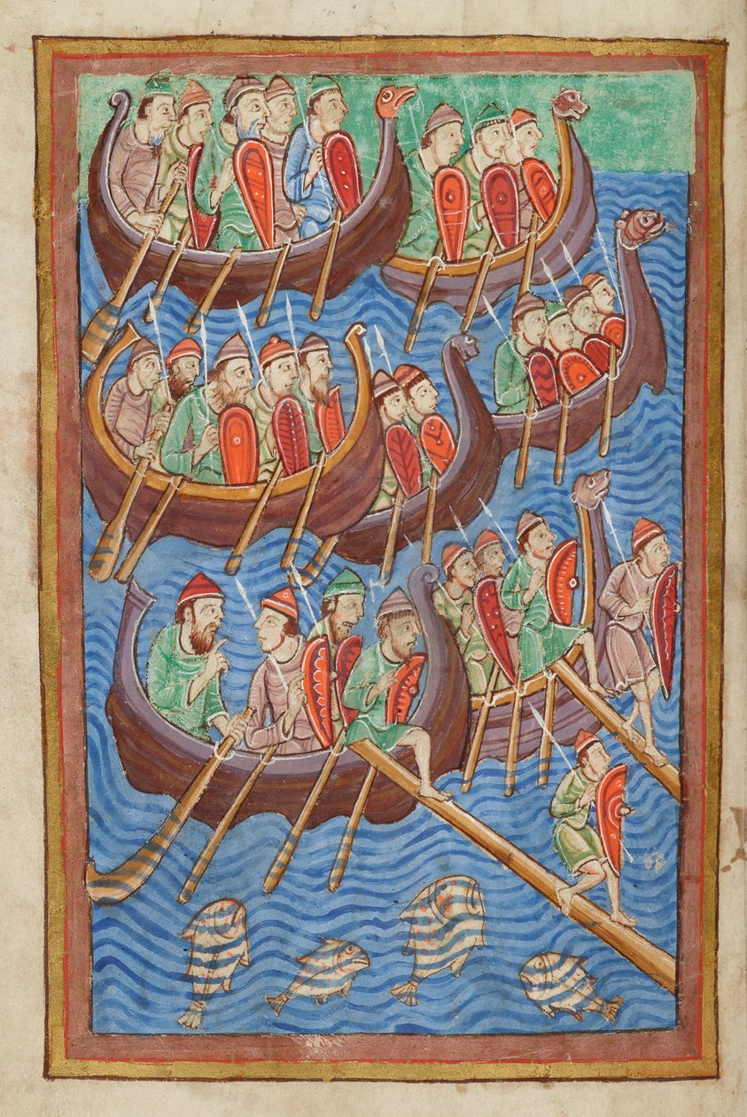 Dansker under Hinguar og Hubba lander i Storbritannia, fra Miscellany on the life of St. Edmund, Bury St Edmunds, ca. 1130 (vellum) av English School