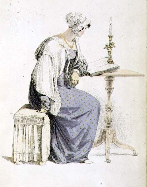 Dagskjole, moteplate fra Ackermanns Repository of Arts (farget gravering) av English School