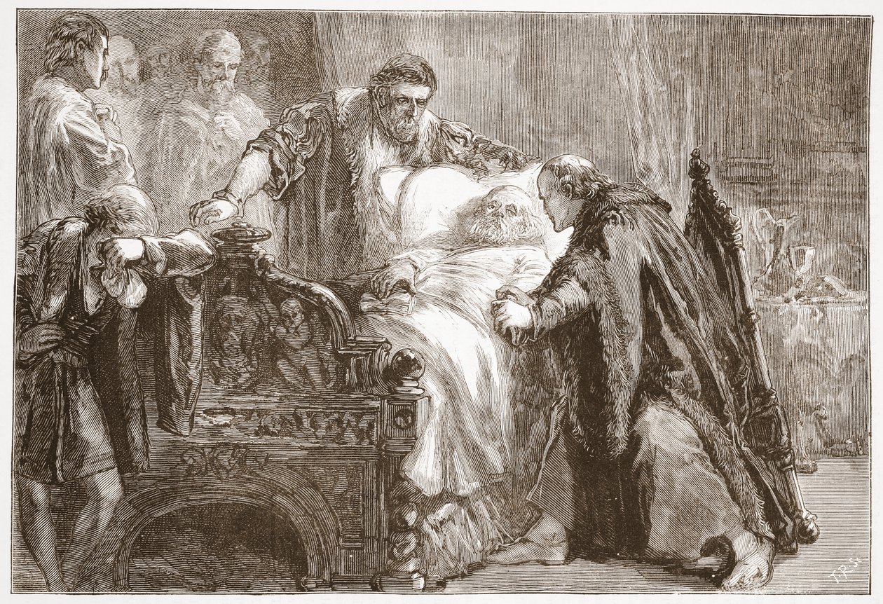Death of Frederic the Wise, kurfyrst av Sachsen, illustrasjon fra The History of Protestantism av James Aitken Wylie (1808-1890), pub. 1878 av English School