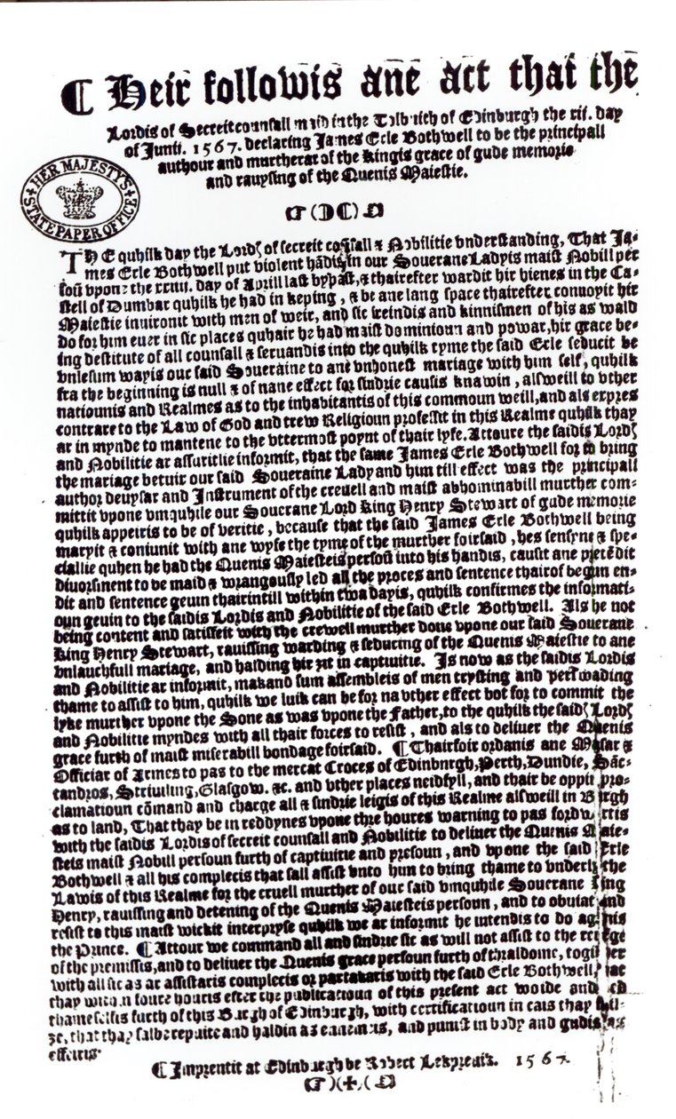 Erklæring fra Lords som indikerer jarlen av Bothwell som morderen til Lord Darnley, 1567 (penn og blekk på papir) av English School