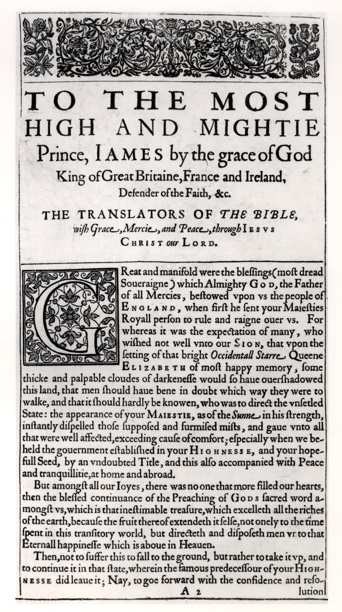 Dedikasjonsside i The Holy Bible, pub. av Robert Barker, 1611 av English School