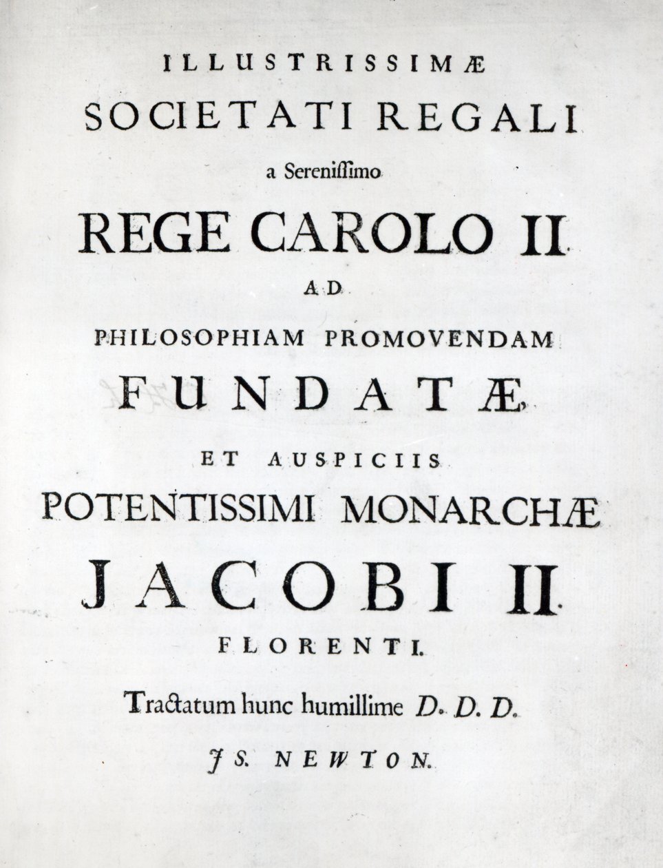 Dedikasjon til Royal Society av den første utgaven av Newtons Philosophiae Naturalis Principia Mathematica, 1687 av English School