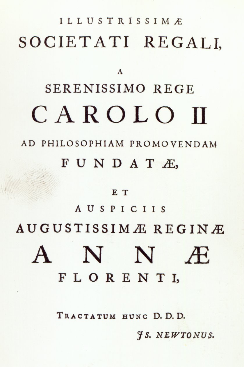 Dedikasjon til Royal Society of the Second Edition av Newtons Philosophiae Naturalis Principia Mathematica. 1713 av English School