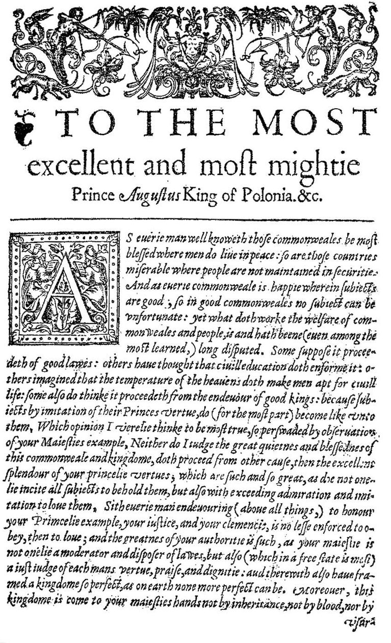 Dedikasjon til kongen av Polen Sigismund II Augustus I i The Counsellor, den første engelske oversettelsen av Wawrzyniec Grzyma?a Go?lickis De optimo senatore, 1598 (trykk) av English School