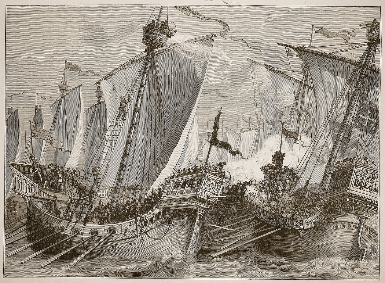 Nederlag av den franske flåten i Den engelske kanal, illustrasjon fra Cassells Illustrated History of England (sepia-bilde) av English School