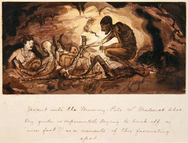 Nedstigning i Mummy-Pits, nr. Medeenet Aboo, ca. 1880 (penn og blekk og vask) av English School