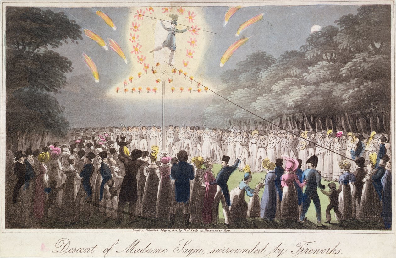 Descent of Madame Saqui, omgitt av fyrverkeri, utgitt av Thomas Kelly (fl.1820-55) London av English School