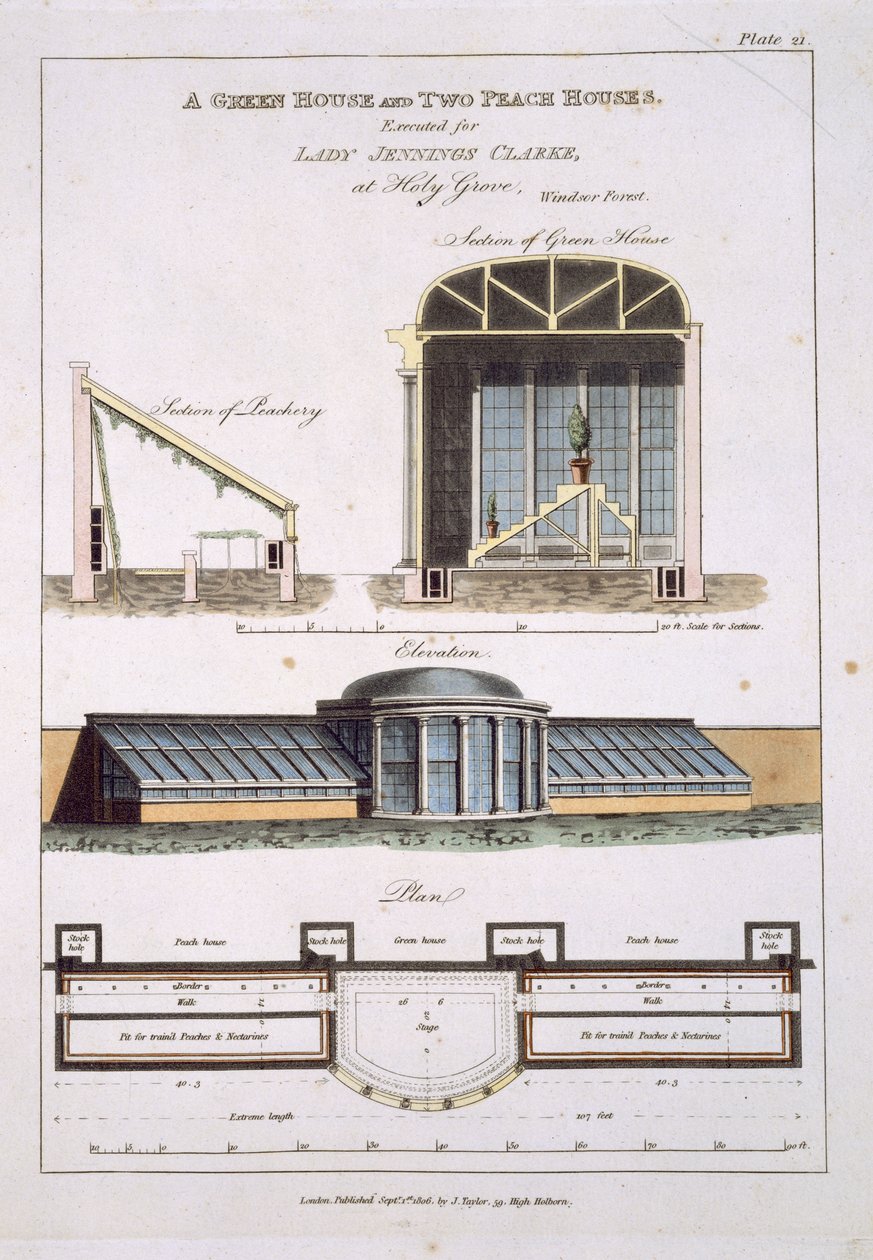 Design for et grønt hus og to ferskenhus, 1806 av English School